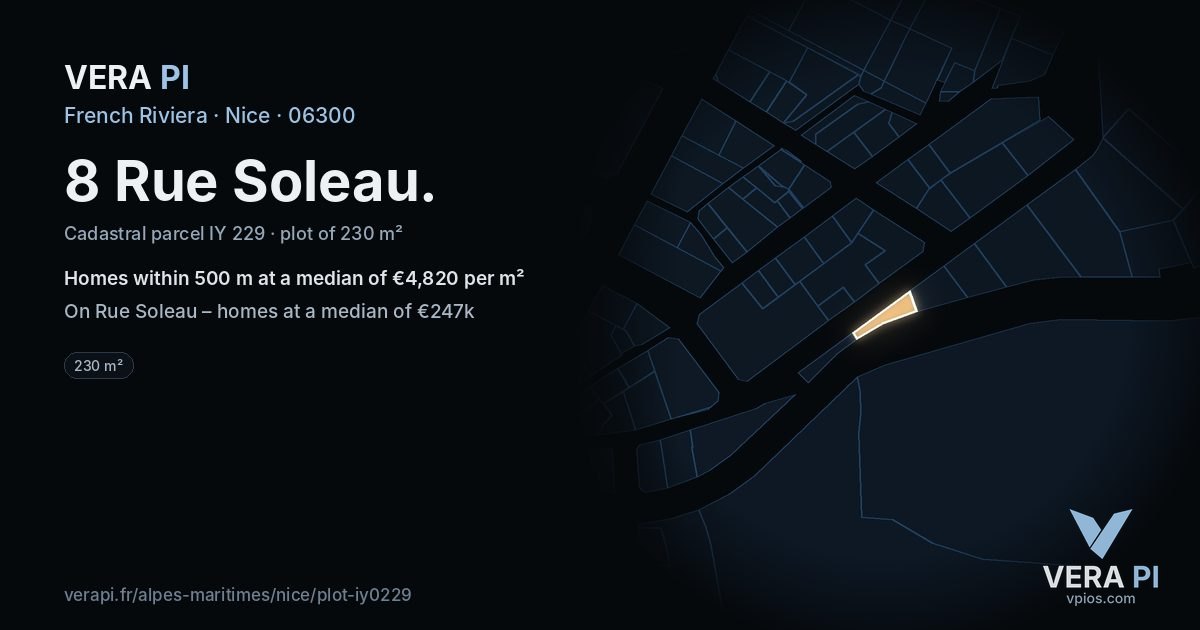 8 Rue Soleau, Nice at night – the plot lit, the parcels around coloured by the prices near them