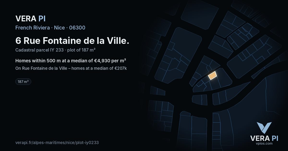 6 Rue Fontaine de la Ville, Nice at night – the plot lit, the parcels around coloured by the prices near them