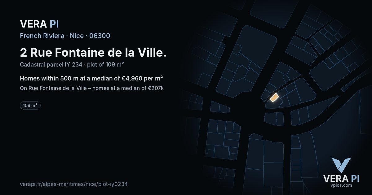 2 Rue Fontaine de la Ville, Nice at night – the plot lit, the parcels around coloured by the prices near them