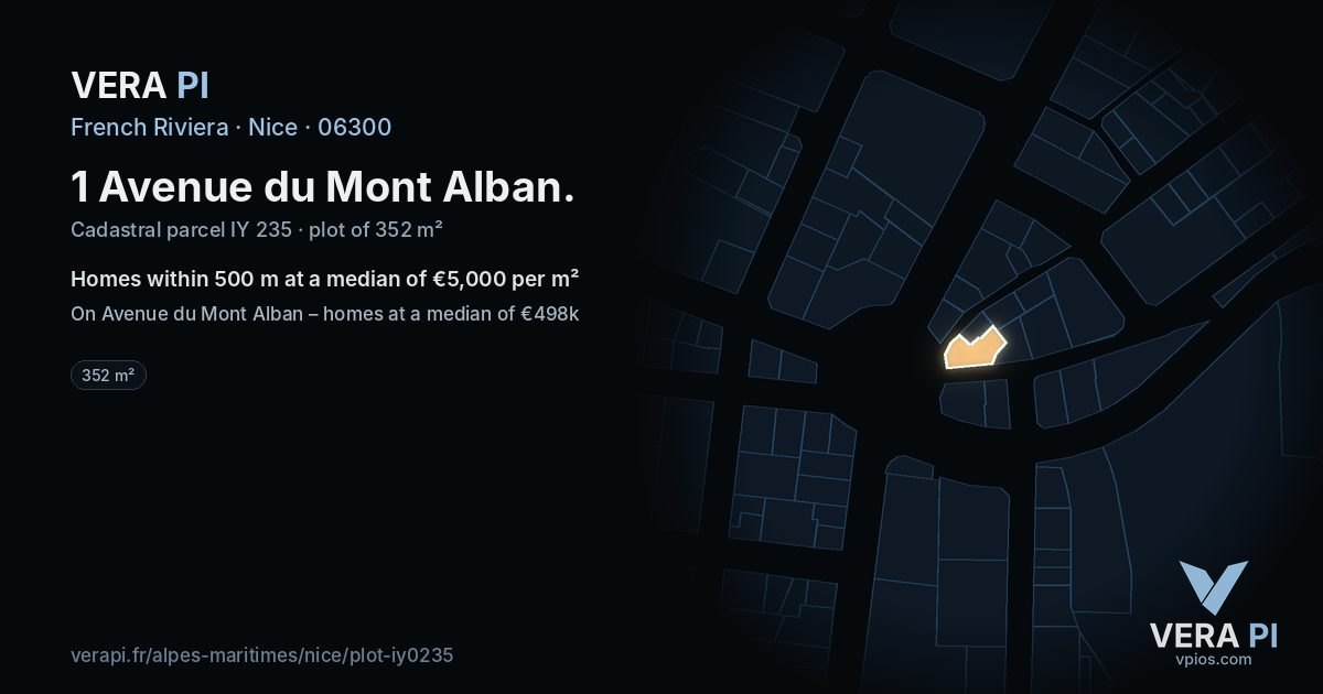 1 Avenue du Mont Alban, Nice at night – the plot lit, the parcels around coloured by the prices near them