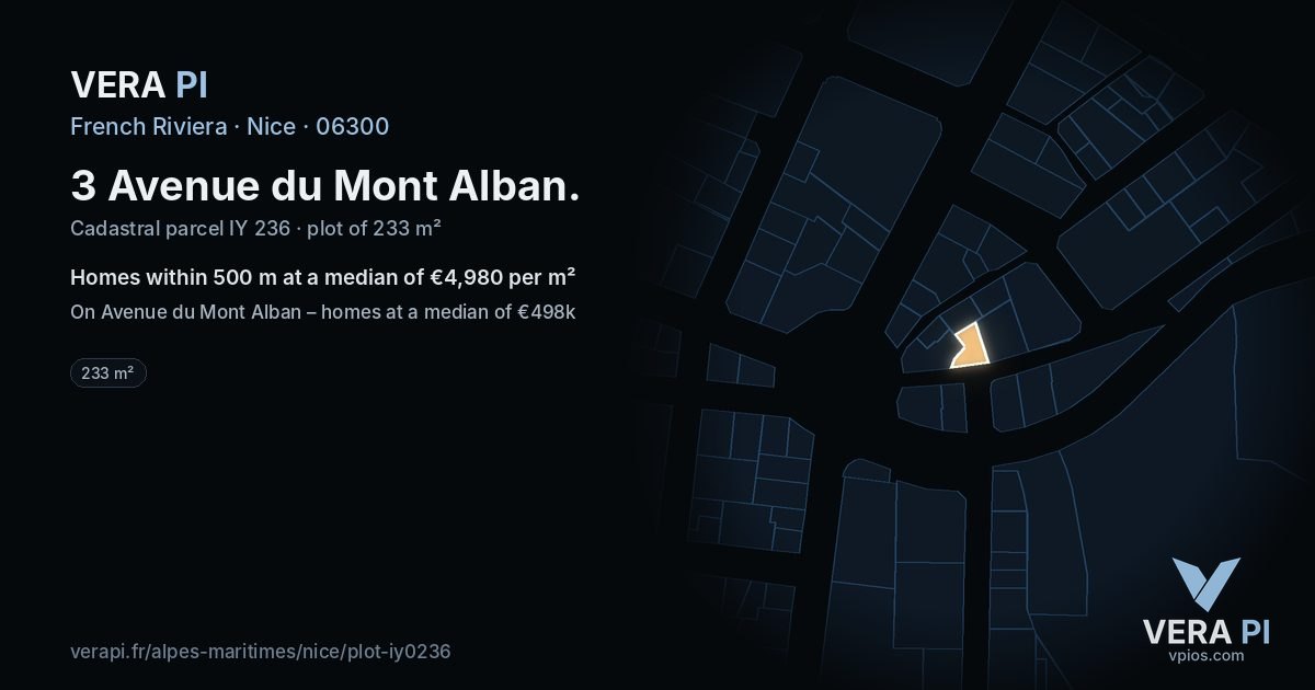 3 Avenue du Mont Alban, Nice at night – the plot lit, the parcels around coloured by the prices near them