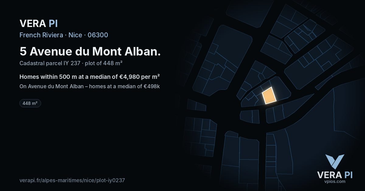 5 Avenue du Mont Alban, Nice at night – the plot lit, the parcels around coloured by the prices near them