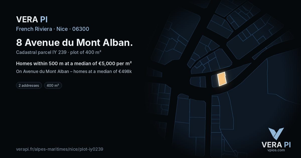 8 Avenue du Mont Alban, Nice at night – the plot lit, the parcels around coloured by the prices near them