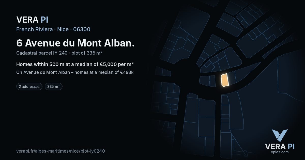 6 Avenue du Mont Alban, Nice at night – the plot lit, the parcels around coloured by the prices near them