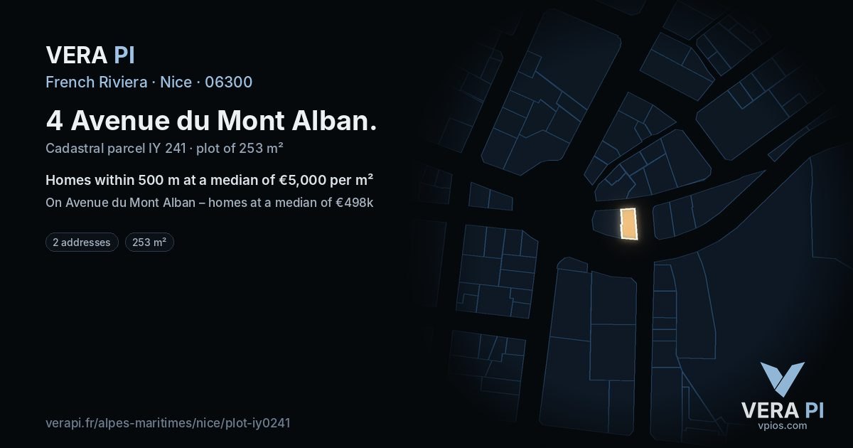 4 Avenue du Mont Alban, Nice at night – the plot lit, the parcels around coloured by the prices near them