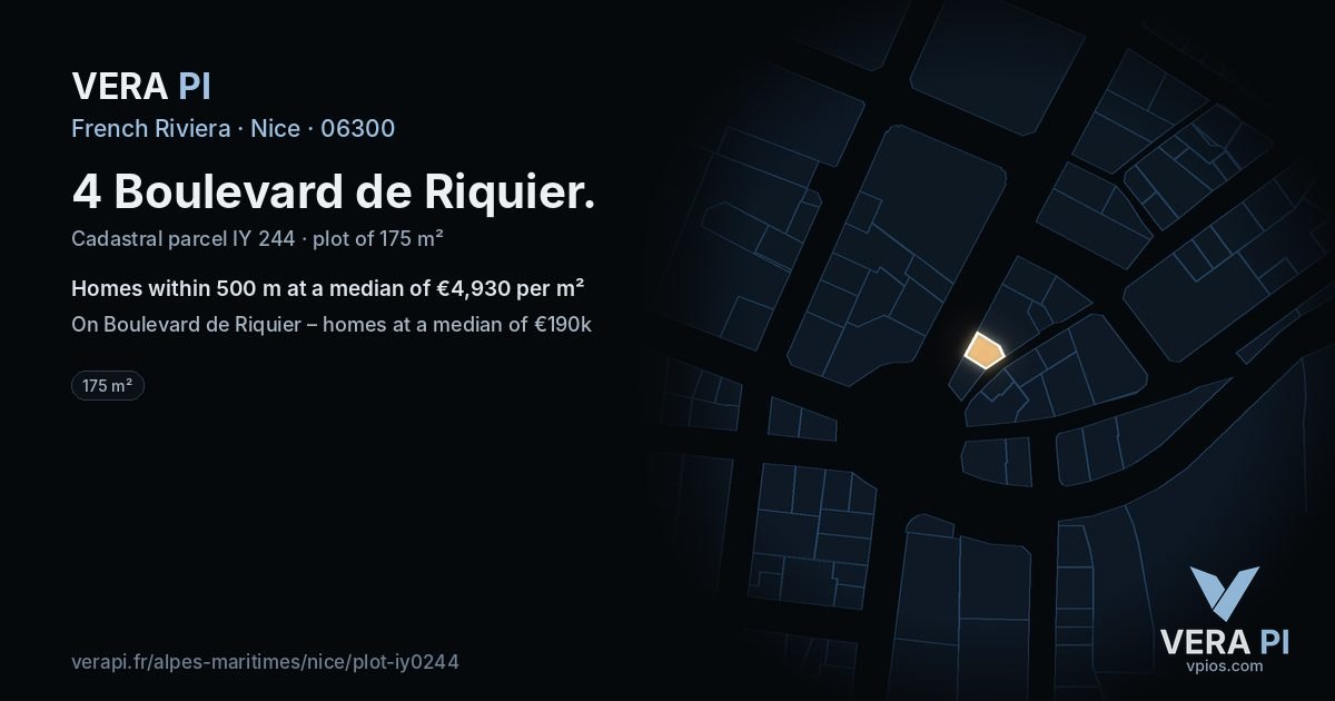 4 Boulevard de Riquier, Nice at night – the plot lit, the parcels around coloured by the prices near them