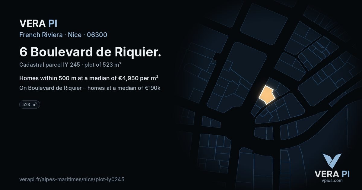 6 Boulevard de Riquier, Nice at night – the plot lit, the parcels around coloured by the prices near them