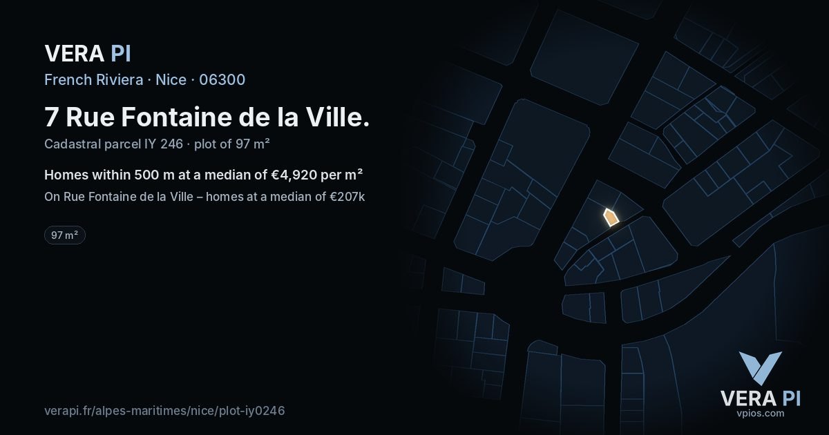 7 Rue Fontaine de la Ville, Nice at night – the plot lit, the parcels around coloured by the prices near them