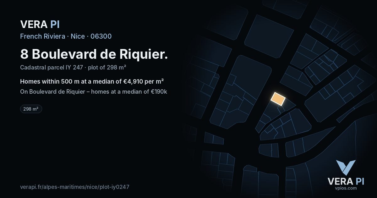 8 Boulevard de Riquier, Nice at night – the plot lit, the parcels around coloured by the prices near them