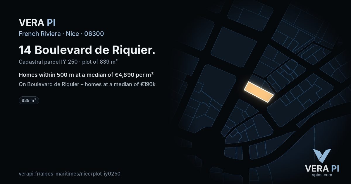 14 Boulevard de Riquier, Nice at night – the plot lit, the parcels around coloured by the prices near them