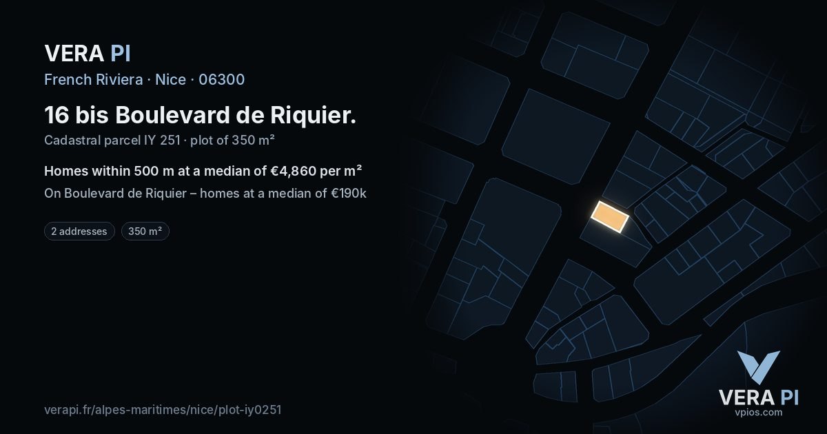 16 bis Boulevard de Riquier, Nice at night – the plot lit, the parcels around coloured by the prices near them