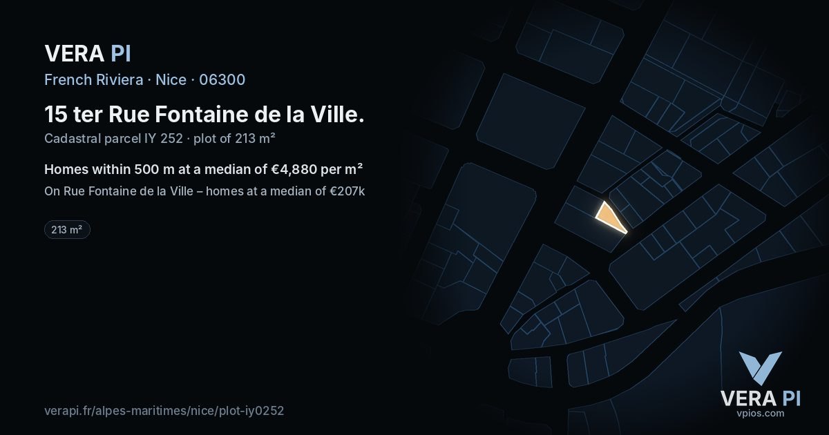 15 ter Rue Fontaine de la Ville, Nice at night – the plot lit, the parcels around coloured by the prices near them