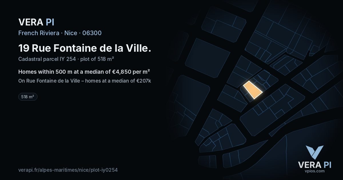 19 Rue Fontaine de la Ville, Nice at night – the plot lit, the parcels around coloured by the prices near them