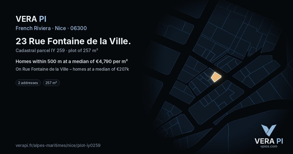 23 Rue Fontaine de la Ville, Nice at night – the plot lit, the parcels around coloured by the prices near them