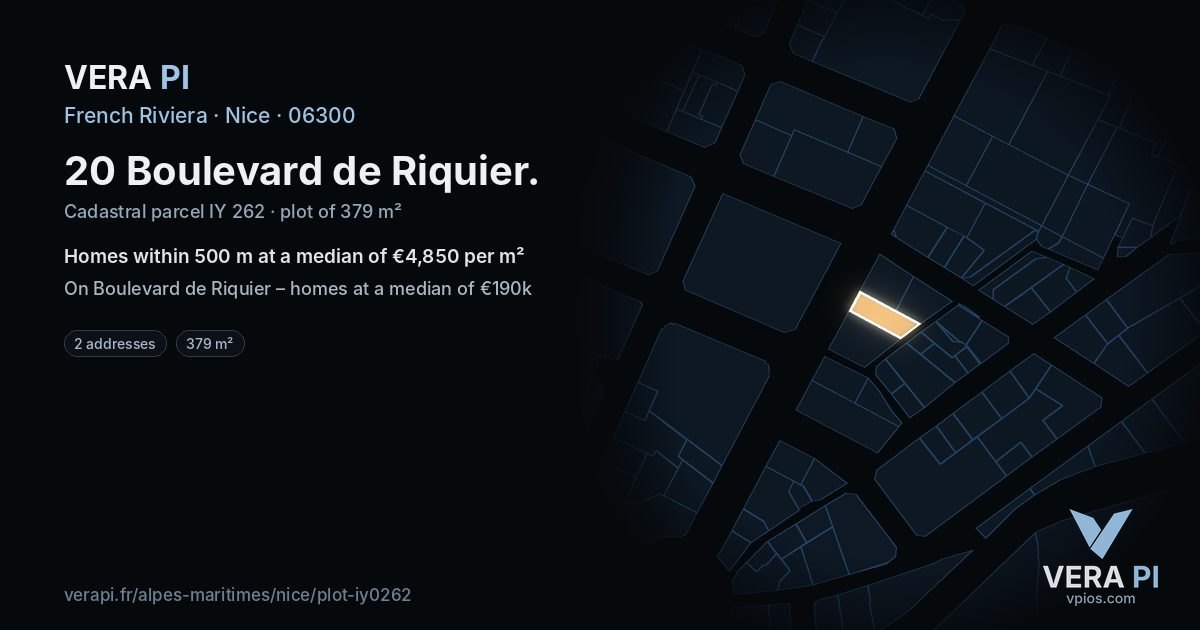 20 Boulevard de Riquier, Nice at night – the plot lit, the parcels around coloured by the prices near them