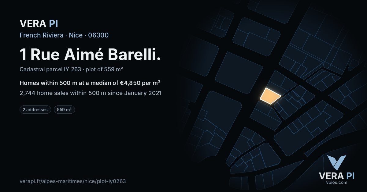 1 Rue Aimé Barelli, Nice at night – the plot lit, the parcels around coloured by the prices near them