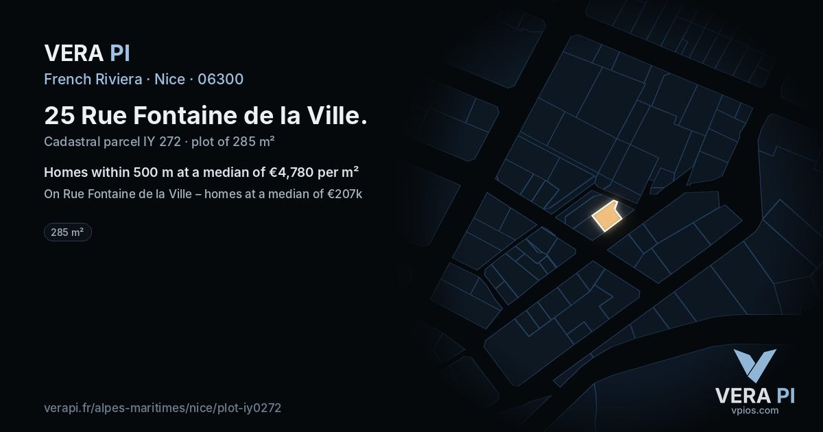 25 Rue Fontaine de la Ville, Nice at night – the plot lit, the parcels around coloured by the prices near them