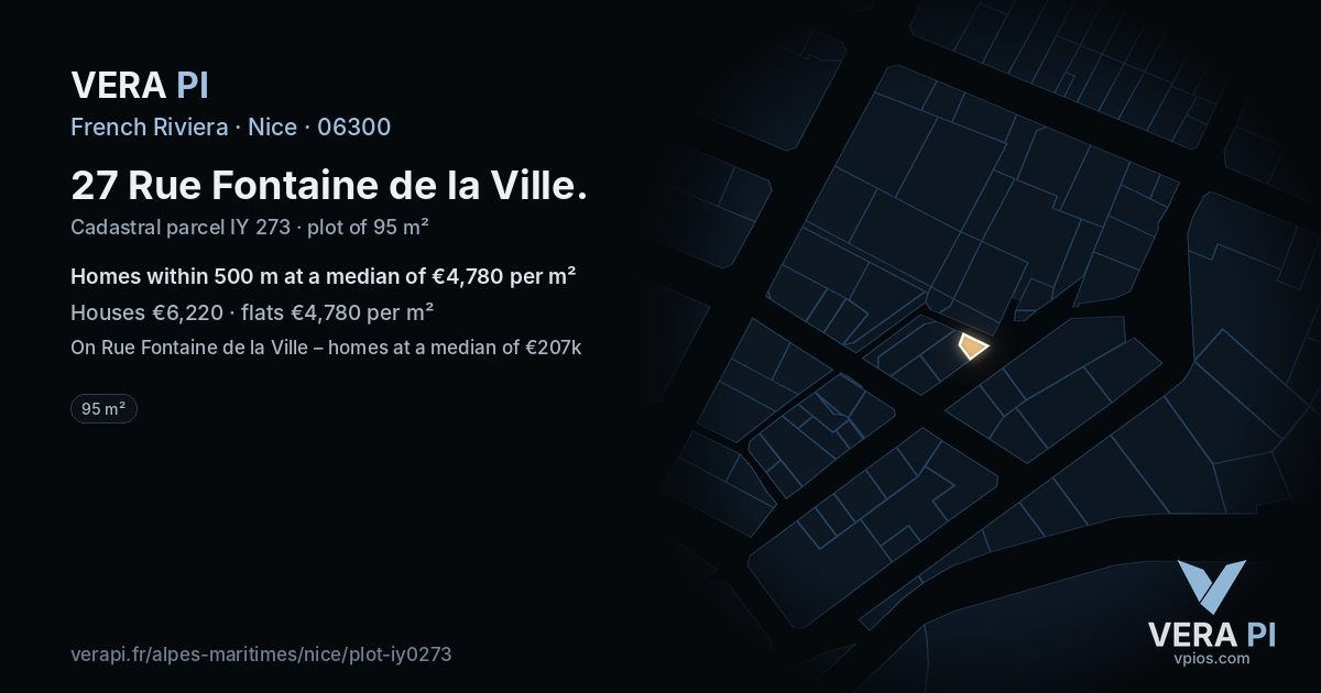 27 Rue Fontaine de la Ville, Nice at night – the plot lit, the parcels around coloured by the prices near them