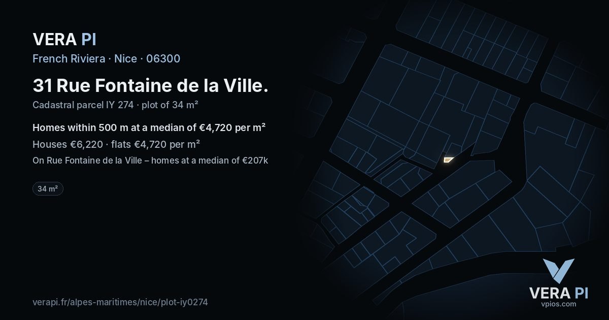 31 Rue Fontaine de la Ville, Nice at night – the plot lit, the parcels around coloured by the prices near them