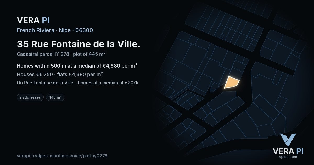 35 Rue Fontaine de la Ville, Nice at night – the plot lit, the parcels around coloured by the prices near them