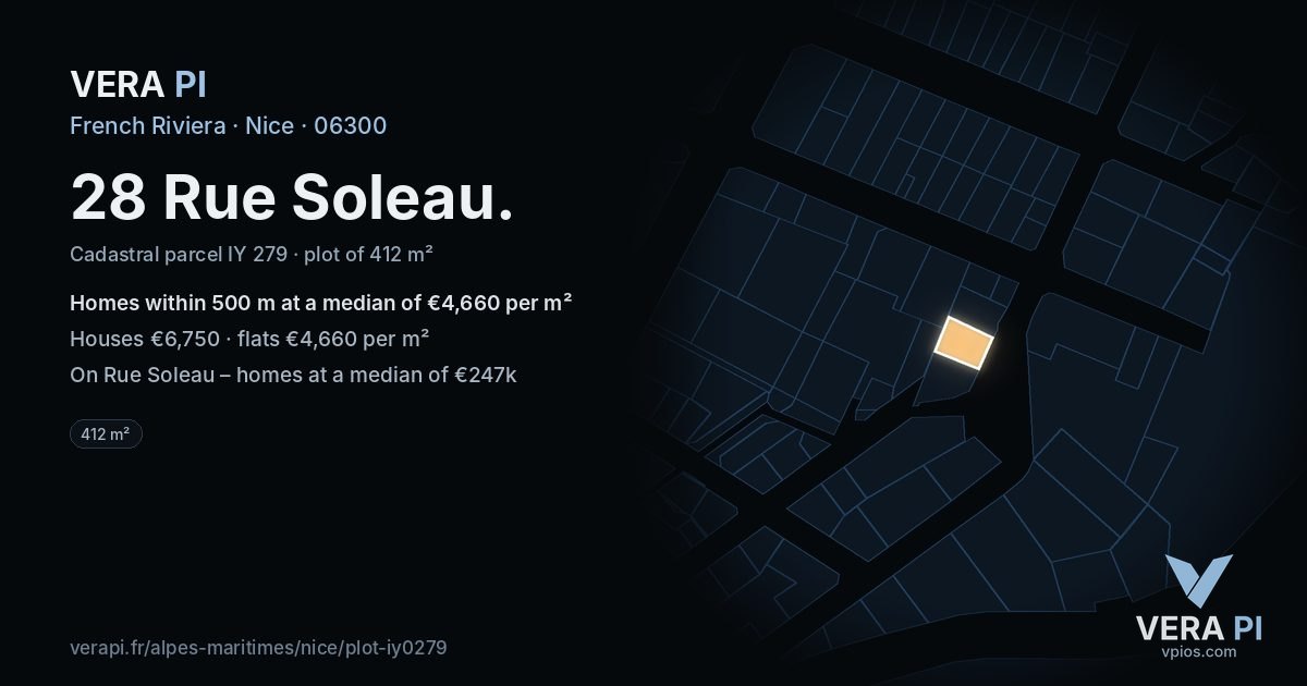 28 Rue Soleau, Nice at night – the plot lit, the parcels around coloured by the prices near them