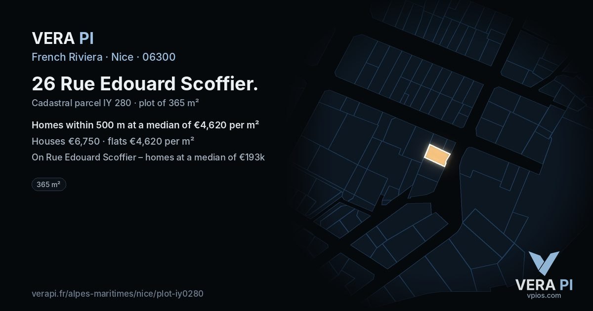 26 Rue Edouard Scoffier, Nice at night – the plot lit, the parcels around coloured by the prices near them