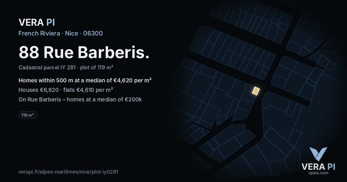 88 Rue Barberis, Nice at night – the plot lit, the parcels around coloured by the prices near them