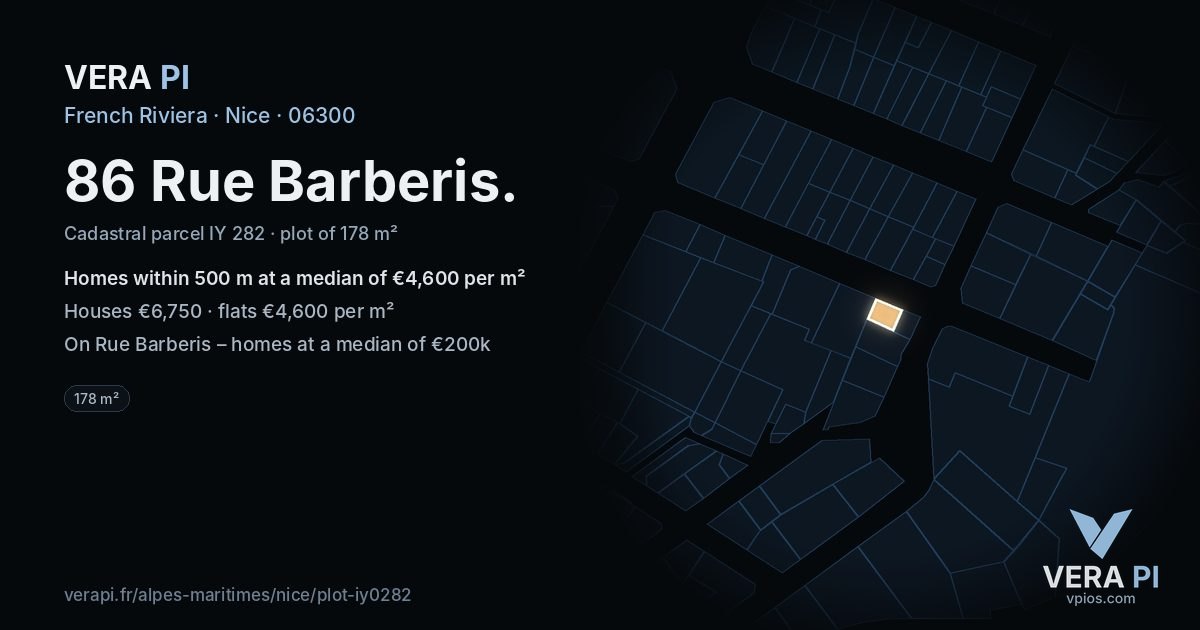 86 Rue Barberis, Nice at night – the plot lit, the parcels around coloured by the prices near them
