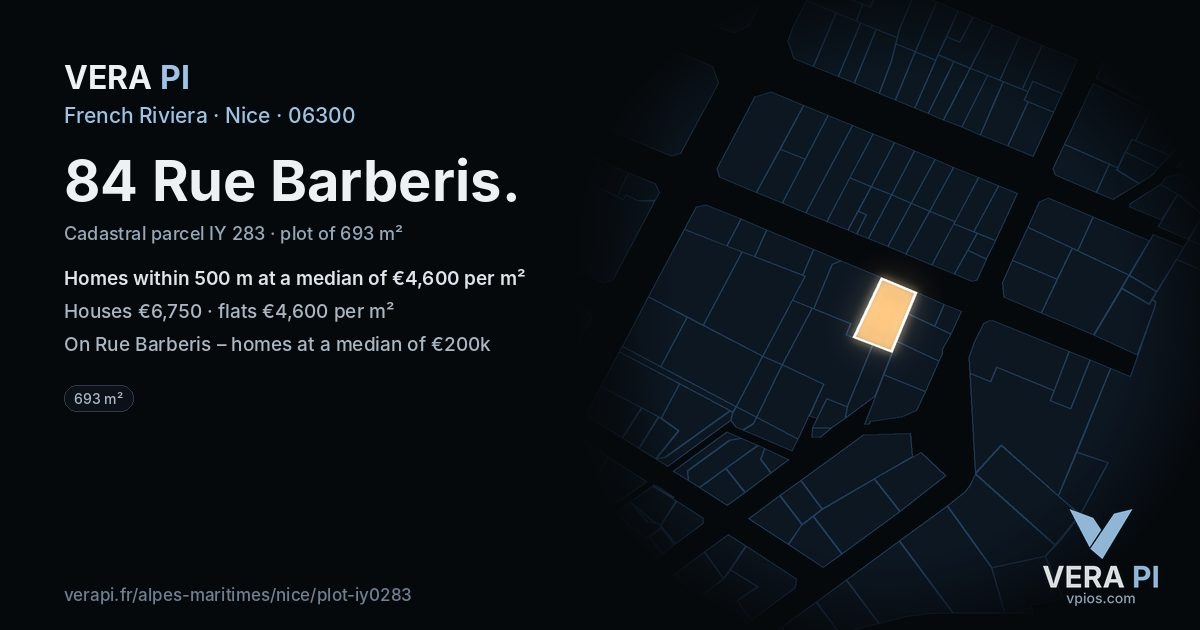 84 Rue Barberis, Nice at night – the plot lit, the parcels around coloured by the prices near them