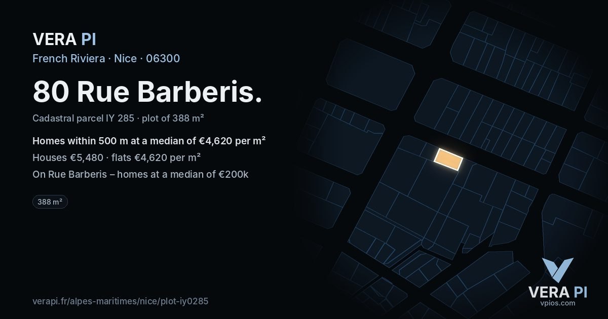 80 Rue Barberis, Nice at night – the plot lit, the parcels around coloured by the prices near them
