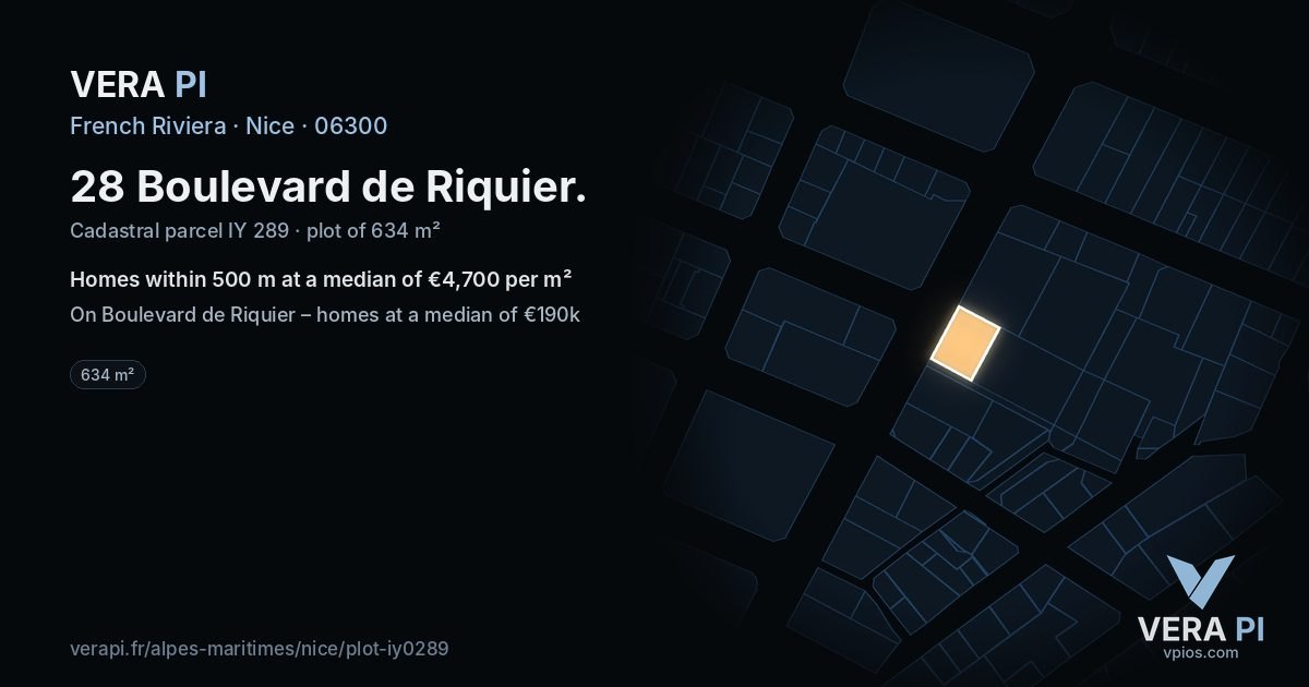 28 Boulevard de Riquier, Nice at night – the plot lit, the parcels around coloured by the prices near them