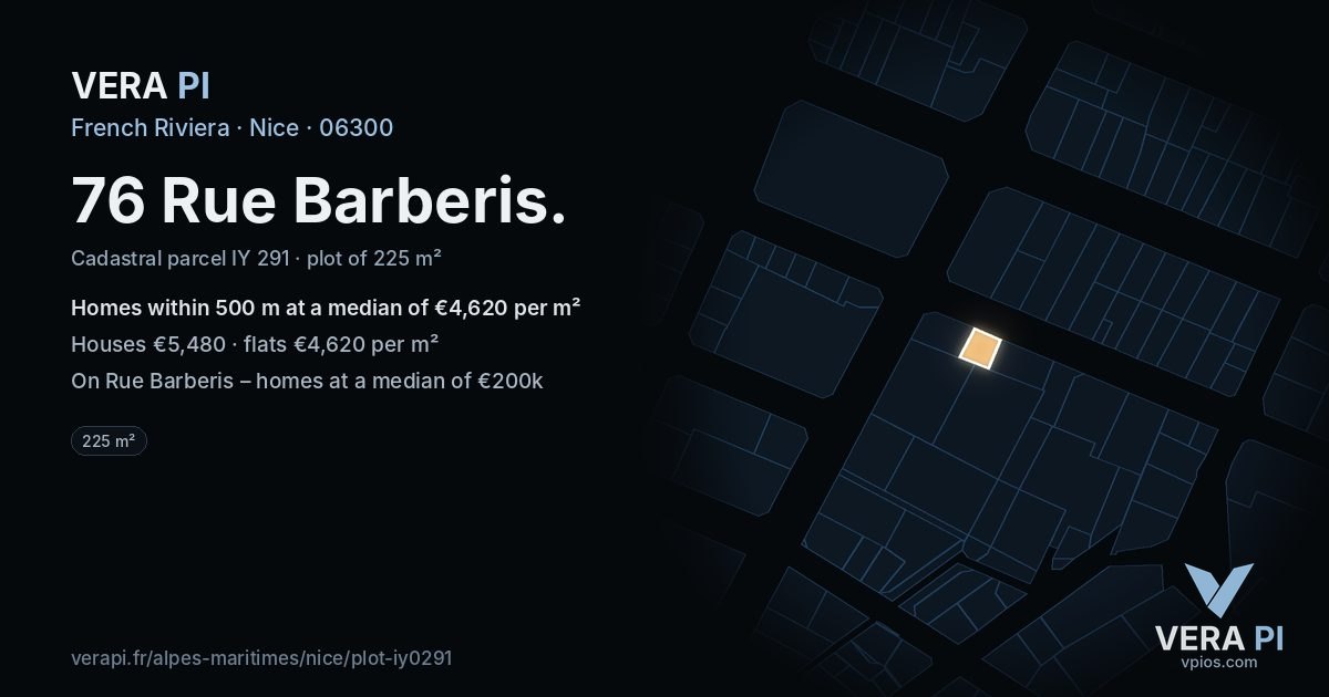 76 Rue Barberis, Nice at night – the plot lit, the parcels around coloured by the prices near them