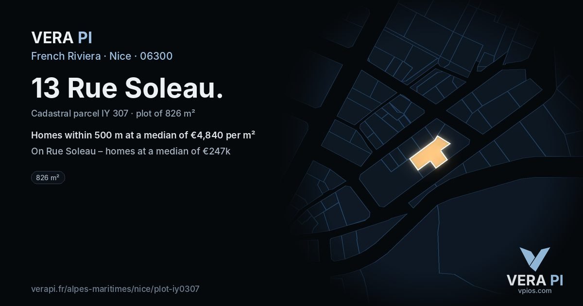 13 Rue Soleau, Nice at night – the plot lit, the parcels around coloured by the prices near them