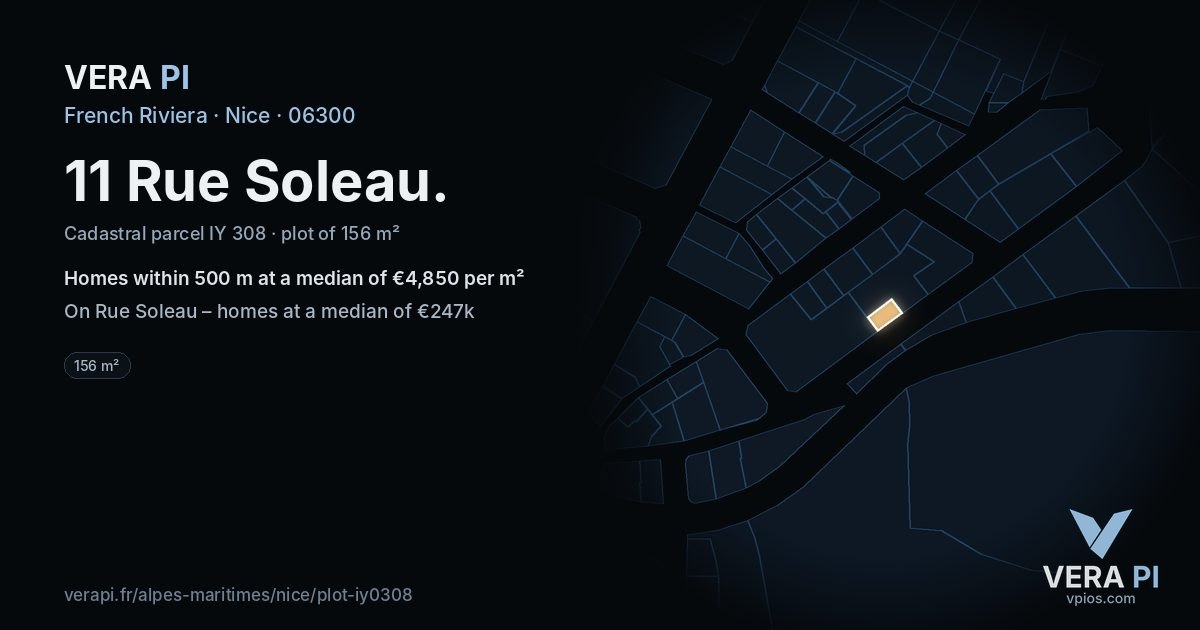 11 Rue Soleau, Nice at night – the plot lit, the parcels around coloured by the prices near them