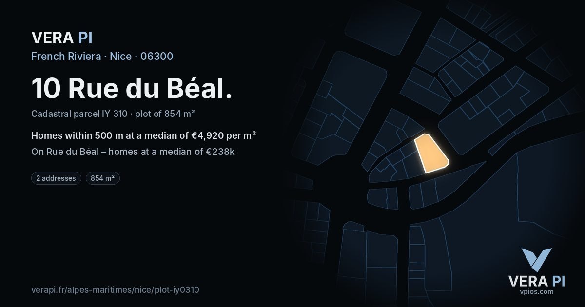 10 Rue du Béal, Nice at night – the plot lit, the parcels around coloured by the prices near them