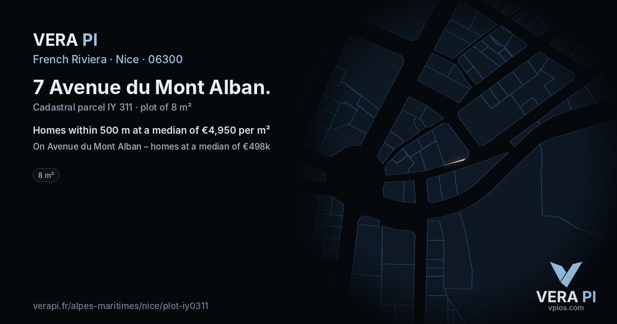 7 Avenue du Mont Alban, Nice at night – the plot lit, the parcels around coloured by the prices near them