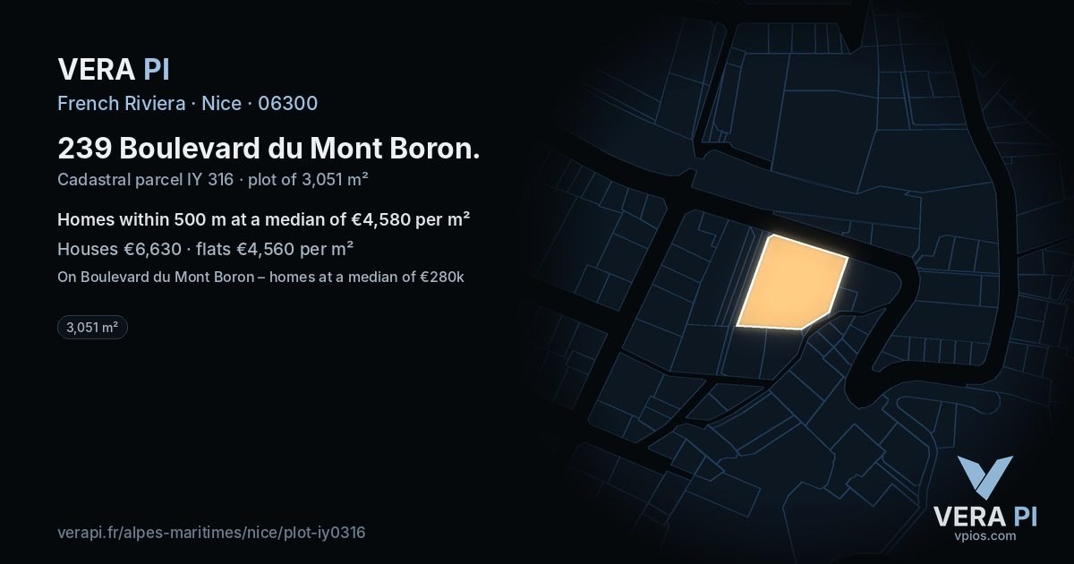 239 Boulevard du Mont Boron, Nice at night – the plot lit, the parcels around coloured by the prices near them