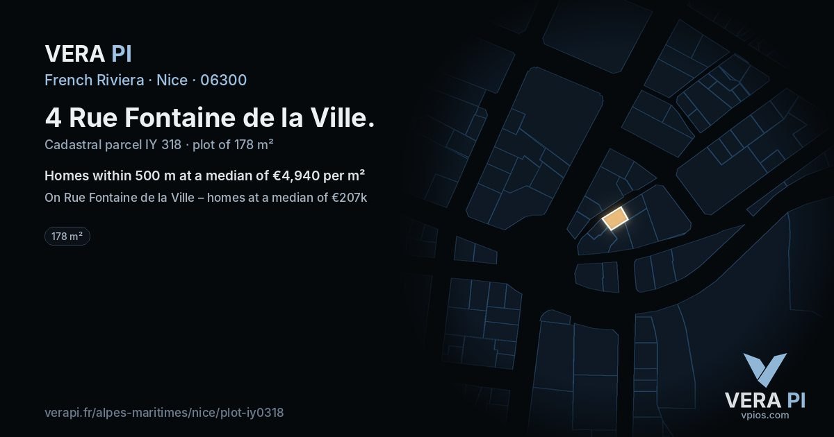 4 Rue Fontaine de la Ville, Nice at night – the plot lit, the parcels around coloured by the prices near them