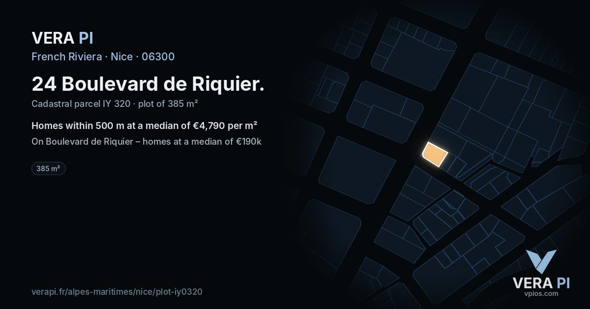 24 Boulevard de Riquier, Nice at night – the plot lit, the parcels around coloured by the prices near them