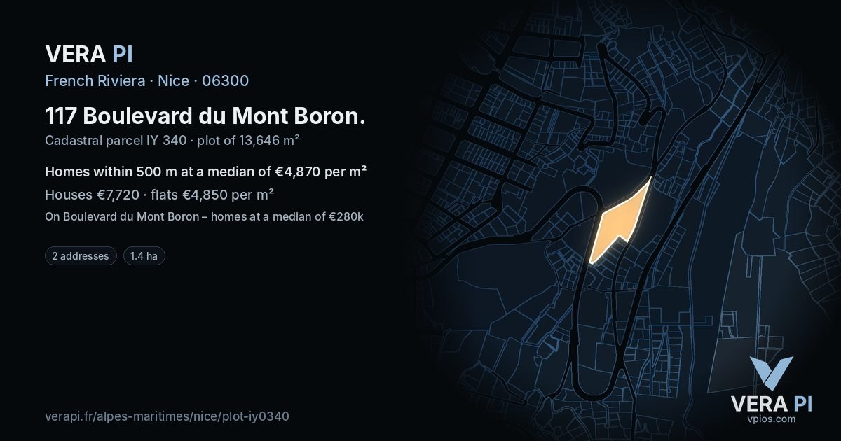 117 Boulevard du Mont Boron, Nice at night – the plot lit, the parcels around coloured by the prices near them