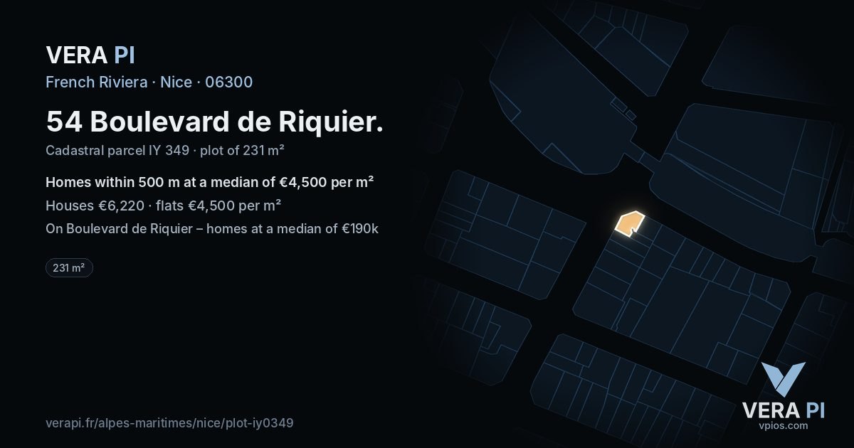 54 Boulevard de Riquier, Nice at night – the plot lit, the parcels around coloured by the prices near them