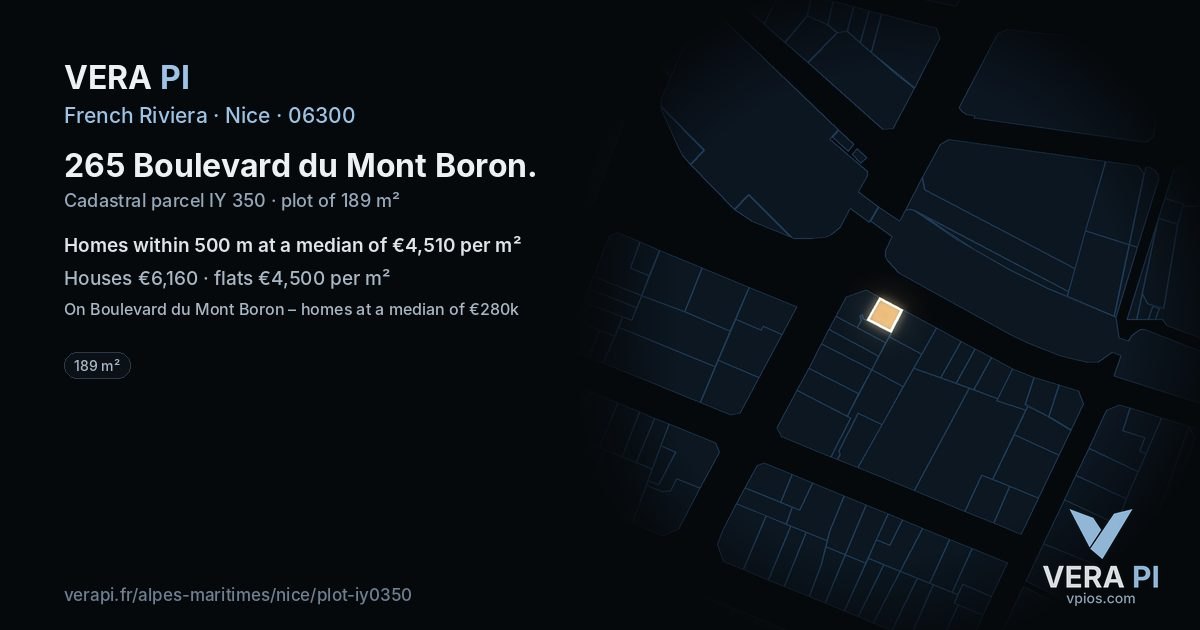 265 Boulevard du Mont Boron, Nice at night – the plot lit, the parcels around coloured by the prices near them