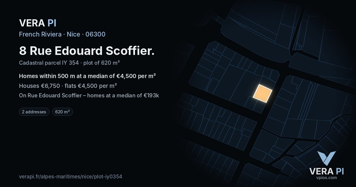 8 Rue Edouard Scoffier, Nice at night – the plot lit, the parcels around coloured by the prices near them