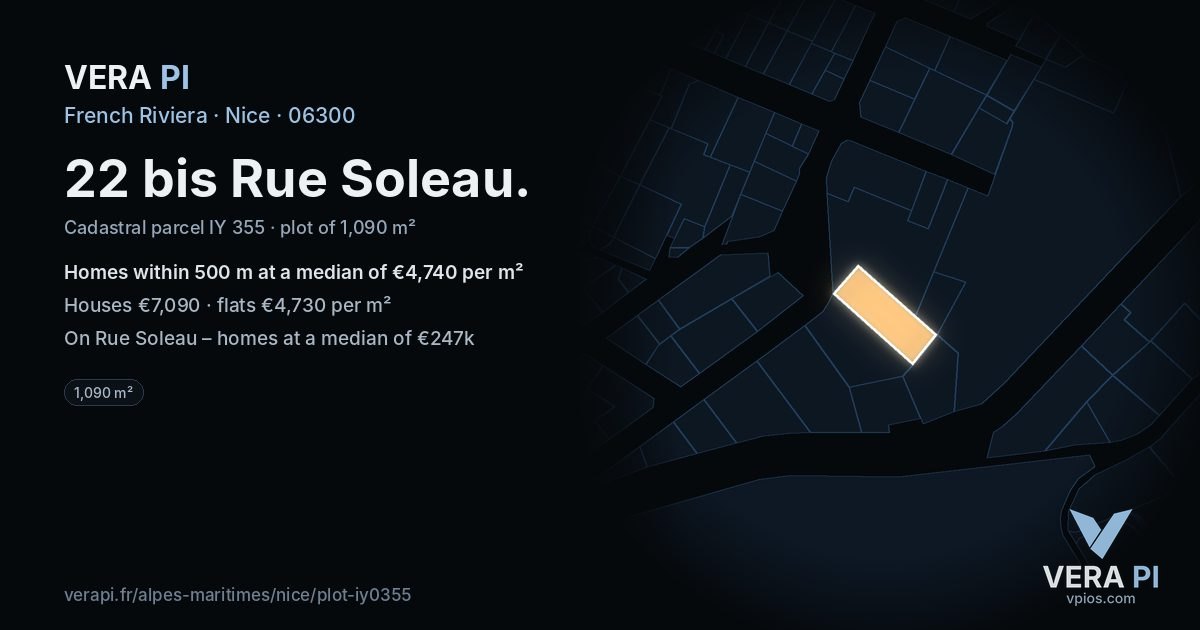 22 bis Rue Soleau, Nice at night – the plot lit, the parcels around coloured by the prices near them