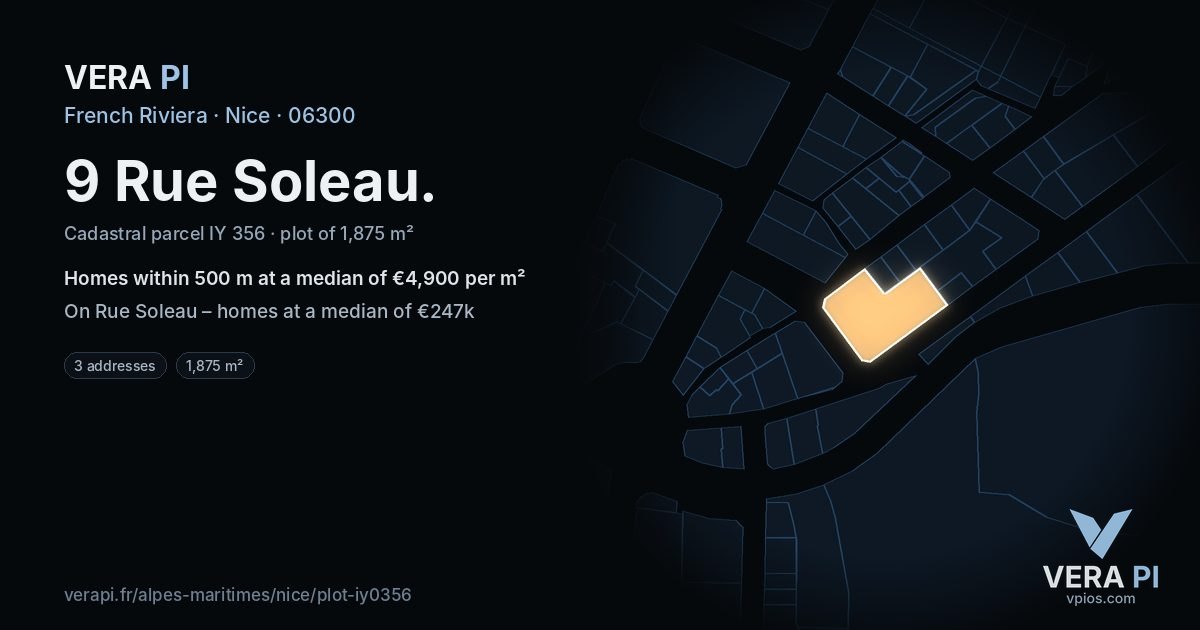 9 Rue Soleau, Nice at night – the plot lit, the parcels around coloured by the prices near them