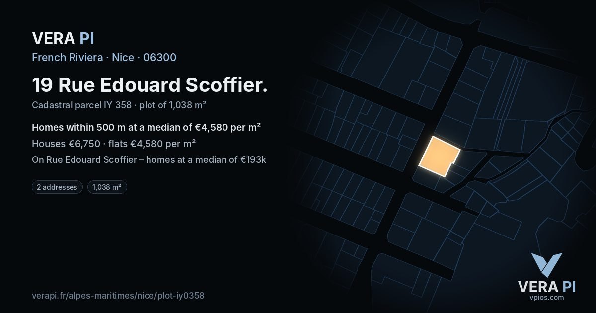 19 Rue Edouard Scoffier, Nice at night – the plot lit, the parcels around coloured by the prices near them