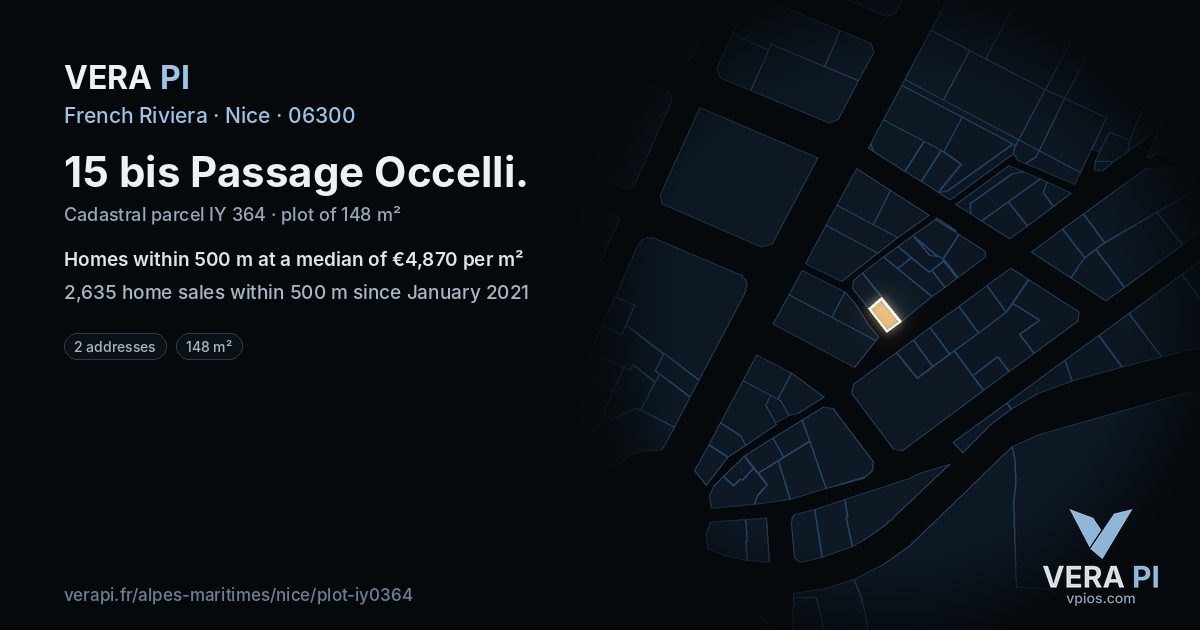 15 bis Passage Occelli, Nice at night – the plot lit, the parcels around coloured by the prices near them