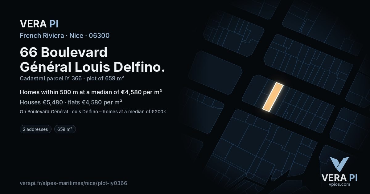 66 Boulevard Général Louis Delfino, Nice at night – the plot lit, the parcels around coloured by the prices near them