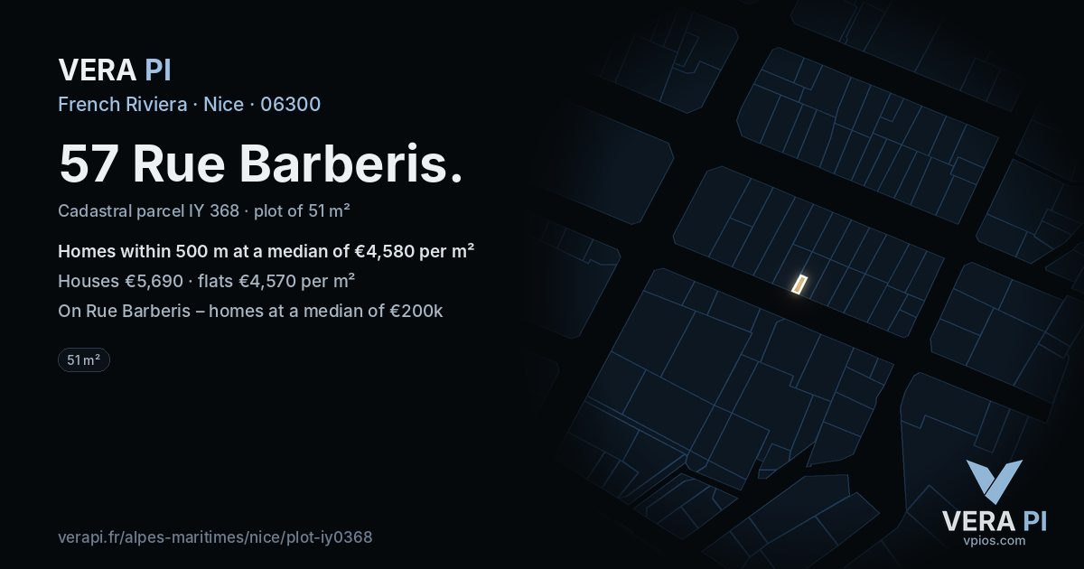 57 Rue Barberis, Nice at night – the plot lit, the parcels around coloured by the prices near them