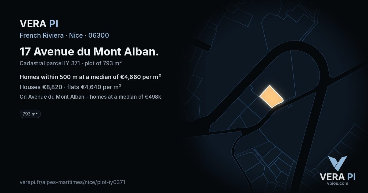 17 Avenue du Mont Alban, Nice at night – the plot lit, the parcels around coloured by the prices near them